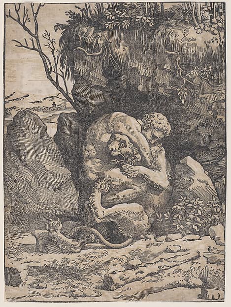 Hercules and the Nemean Lion, by Ugo da Carpi