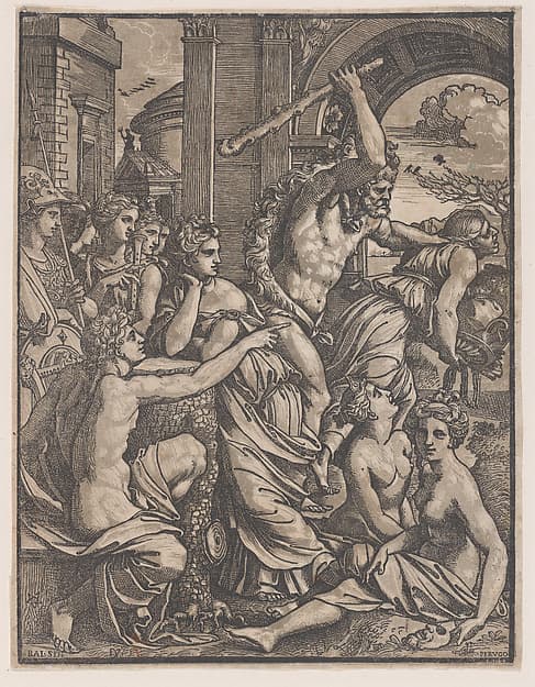 Hercules chasing Avarice from the Temple of the Muses, by Ugo da Carpi