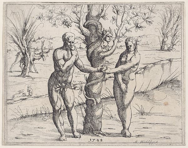 Adam and Eve Eating the Forbidden Fruit, from "Old and New Testaments", by Augustin Hirschvogel