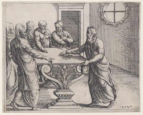 Judas Receiving the Wages of His Treason, from Old and New Testaments, by Augustin Hirschvogel
