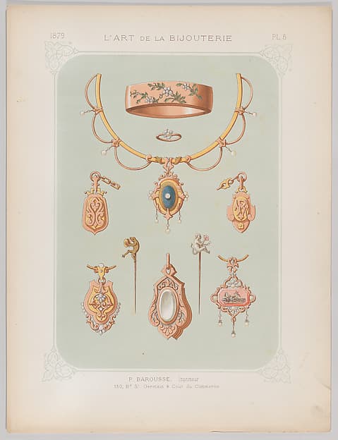 Jewelry Designs in Gold and Rose Gold, Plate 5 from "L'Art de la Bijouterie", by Jean Francois Barousse