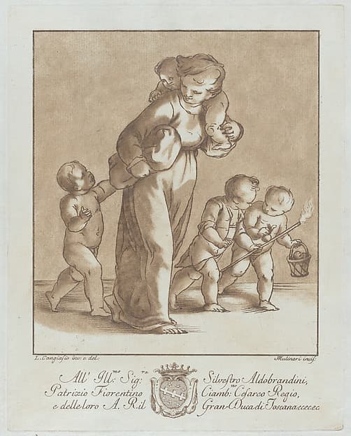 A young girl walks towards the left with one infant on her shoulder and holding another small child's hand, while two children walk at right with a torch and a basket, by Stefano Mulinari