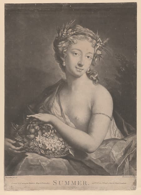 Summer: a woman holding a basket of flowers and fruit, by Richard Houston