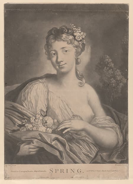 Spring: a young woman holding flowers in her cloak, by Richard Houston