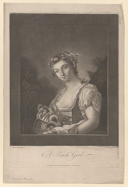 A Peach Girl: a woman carrying peaches in her apron and holding up one, by James Wilson