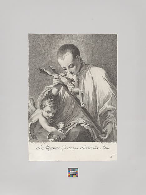 Saint Aloysius Gonzaga holding a crucifix, with an angel holding a crown at left, by Joseph Wagner