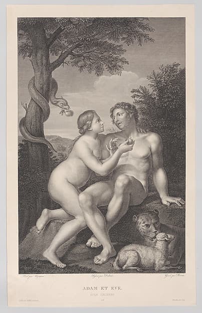 Adam and Eve, seated on a rock, with a serpent coiled around a tree at left and a lion and a lamb at right, by Jean Antoine Pierron