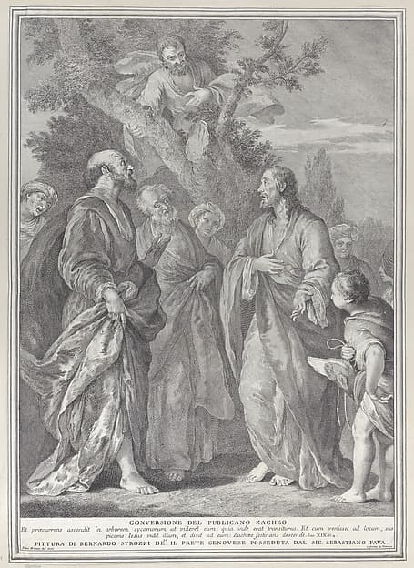 Conversion of Zacchaeus, with Christ at right addressing the tax collector, who is seated in a tree at top center, by Pietro Monaco