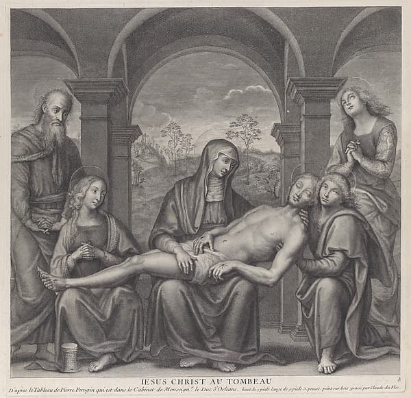 Christ in the tomb, resting across the Virgin's lap; after Perugino, by Claude Duflos