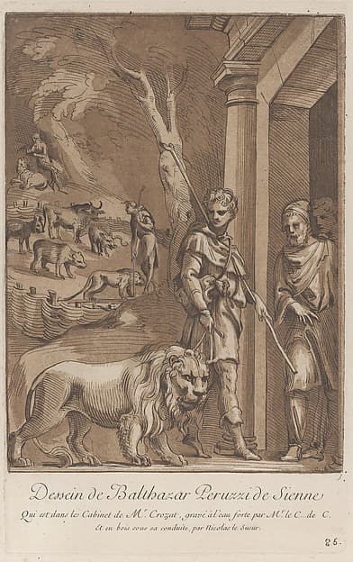 A shepherd holding a lion on a leash in the foreground, in the middle ground the shepherd stands in a meadow surrounded by wild beasts, in the background the shepherd is seated on a rock with the lion at his side; from 'Recueil d'estampes d'après les plus beaux tableaux et d'après les plus beaux desseins qui sont en France, Cabinet Crozat' after a drawing by Baldassare Peruzzi, by Anne Claude Philippe de Tubières, comte de Caylus