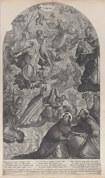 The vision of Saint Dominic, with God the Father and Christ at top center, the Virgin standing below on the crescent moon, and Saint Francis of Assisi and Saint Dominic in the foreground, by Raphael Sadeler II
