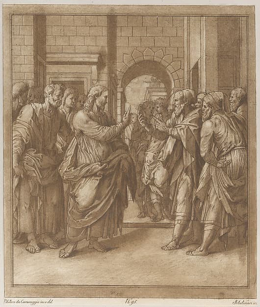 Christ standing before an entrance to a city surrounded by apostles addressing a group of men at right, by Stefano Mulinari
