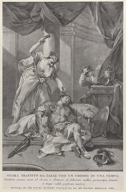 Jael hammering a tent peg into the temple of the sleeping Sisera, to the right a servant hides behind a curtain; from the series of 112 prints of the sacred history, after the painting by Giovanni Battista Pittoni, by Pietro Monaco