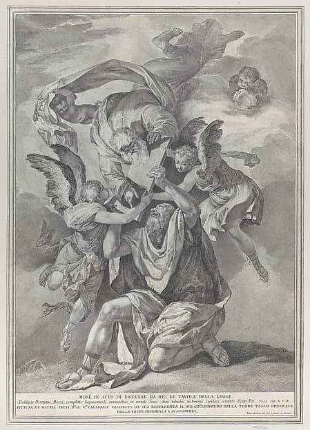 Moses receiving the Tablets of the Law from God who descends from the heavens; from the series of 112 prints of the sacred history, after the painting by Mattia Preti, by Pietro Monaco