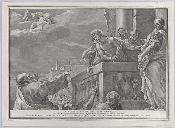 Christ on a balcony surrounded by guards, Pilate stands to the right gesturing toward him; from the series of 112 prints of the sacred history, after the painting by Mattia Preti, by Pietro Monaco