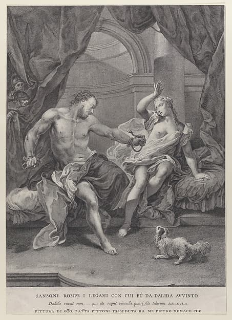 Samson and Delilah seated on a bed, Samson tearing apart the ropes binding his hands as soldiers look on from behind a curtain; from the series of 112 prints of the sacred history, after the painting by Giovanni Battista Pittoni, by Pietro Monaco