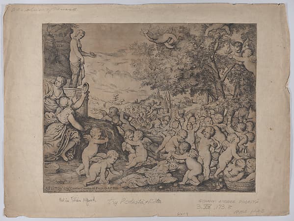 Putti before a statue of Venus; after Titian, by Giovanni Andrea Podestà