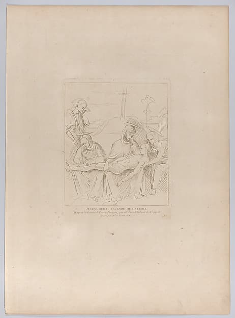Pietà, with the body of Christ supported by the Virgin and two holy women, Saint John stands to the left; from "Recueil d'estampes d'après les plus beaux tableaux et d'après les plus beaux desseins qui sont en France, Cabinet Crozat" after a drawing by Perugino, by Anne Claude Philippe de Tubières, comte de Caylus