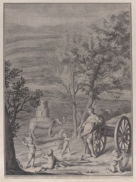 A woman standing against a cannon at right, putti in the foreground, and an elephant with a tower on its back in the background at left, from "Danubius Pannonico-Mysicus" (Volume 3), by Jacob Houbraken