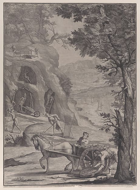 Men quarrying or mining for gold, from "Danubius Pannonico-Mysicus" (Volume 3), by Jacob Houbraken
