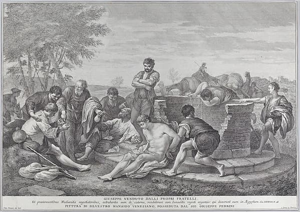 Joseph being sold into slavery by his brothers, who sit around a well dividing up the coins, by Pietro Monaco