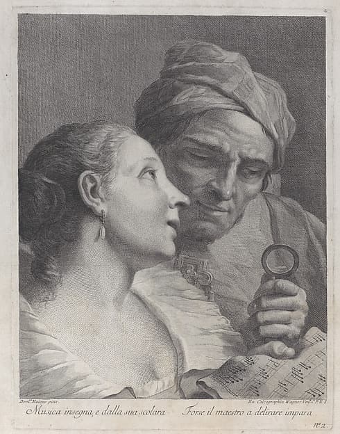 A schoolgirl and her music teacher looking at a sheet of music, by Joseph Wagner