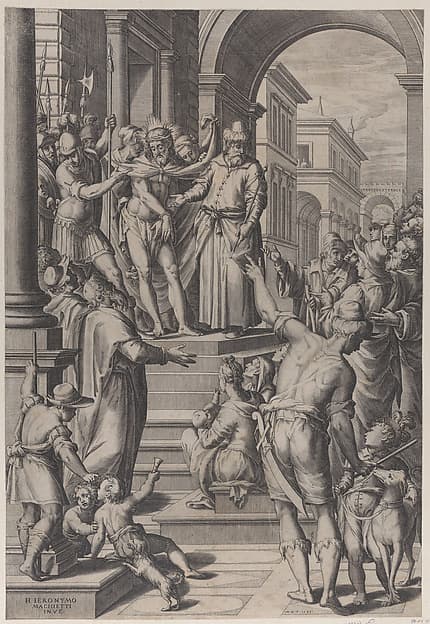 Christ presented to the people by Pilate, standing atop stairs at left with a crowd at right, by Matthaeus Greuter