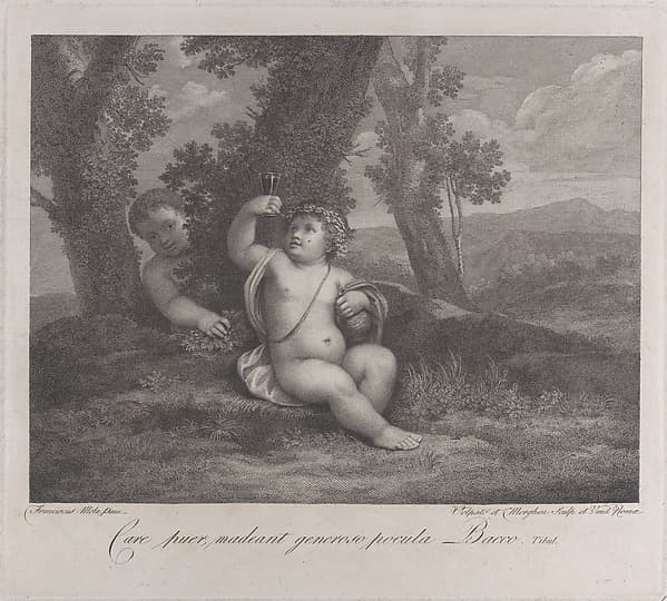The infant Bacchus seated under a tree, holding up a wine glass, with another infant behind him at left, by Raphael Morghen