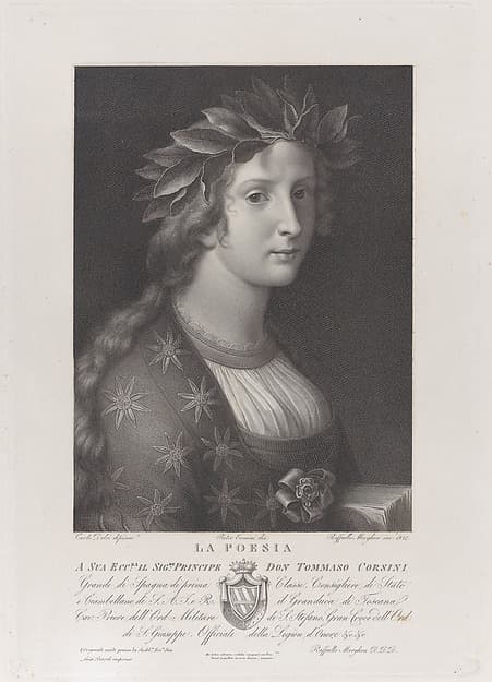 Poetry, a woman with a laurel crown, by Raphael Morghen