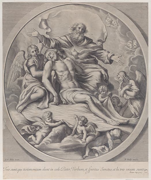 The Holy Trinity, with the dead Christ at center surrounded by angels, God the Father, and the Holy Spirit, by Anonymous