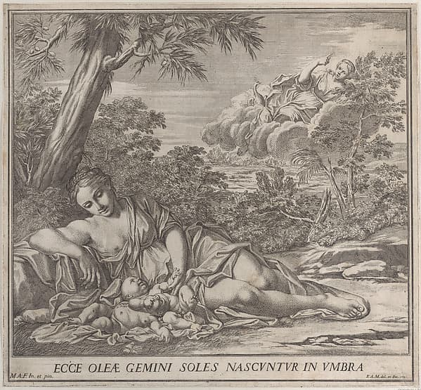 Latona and her sleeping twins, Apollo and Diana, within a landscape, by Francesco Antonio Meloni