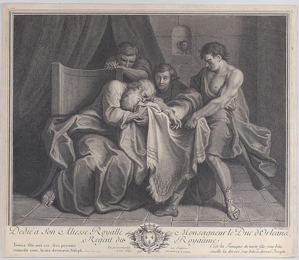 An old man crying into a tunic while his sons pull it away from him, by Francois de Poilly