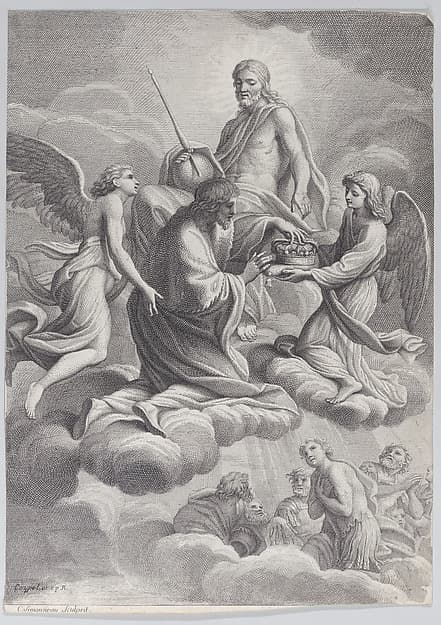 Saint Louis of France received into heaven by Christ and two angels who offer him the crown of France, by Charles Simonneau