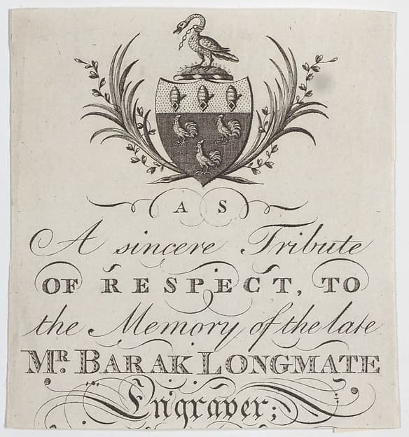 Memorial Card for Mr. Barak Longmate, genealogical editor and heraldic engraver, by Anonymous, British, late 18th century
