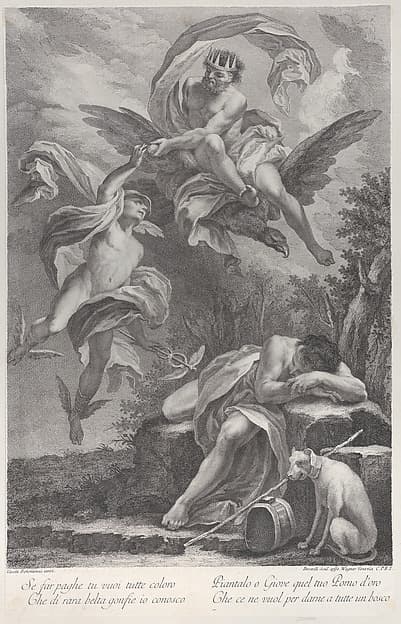 Zeus handing the golden apple to Hermes, above the sleeping figure of Paris, by Fabio Berardi