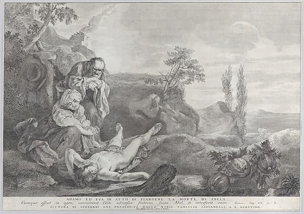 Adam and Eve at left, as an elderly couple, mourning over the corpse of Abel who lies in front of them as Cain disappears in the distance at right, by Pietro Monaco