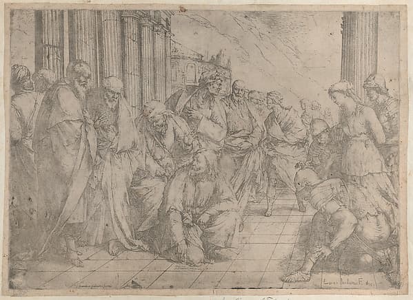 Christ kneels and writes on the pavement at center, while the woman taken in adultery stands between three soldiers at right, by Luca Giordano