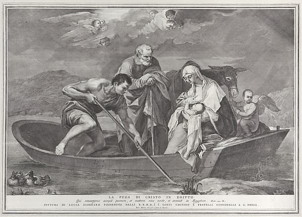 The flight into Egypt, with the Holy Family in a boat, by Pietro Monaco