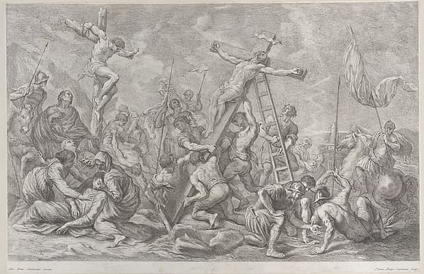The Crucifixion, with the lowering of the cross at center, soldiers throughout, and a thief on a cross at left, by Giovanni Battista Cipriani