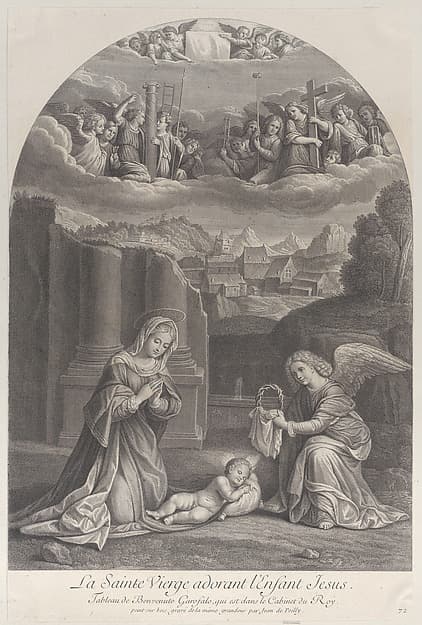 The Virgin Mary adoring the Christ child, an angel holding a crown of thorns at right, by Frédéric Horthemels