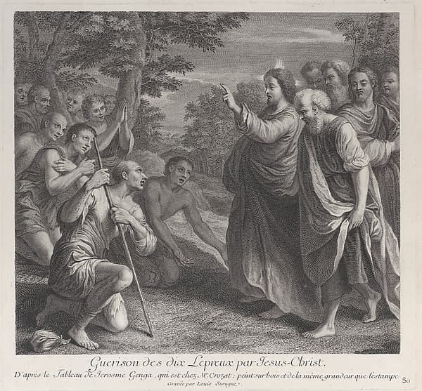 Healing of the ten lepers by Christ, who stands at right, by Louis Surugue