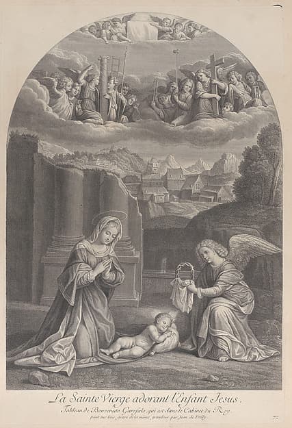The Virgin Mary adoring the Christ child, an angel holding a crown of thorns at right, by Frédéric Horthemels