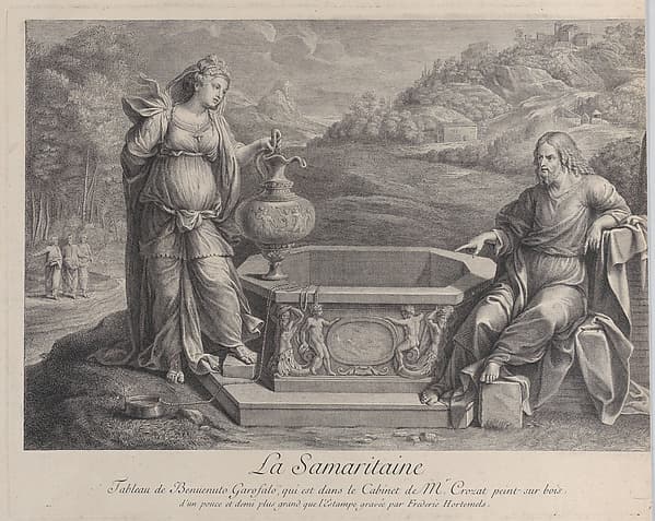 Christ, seated at right, and the woman of Samaria, who stands at left, by Frédéric Horthemels