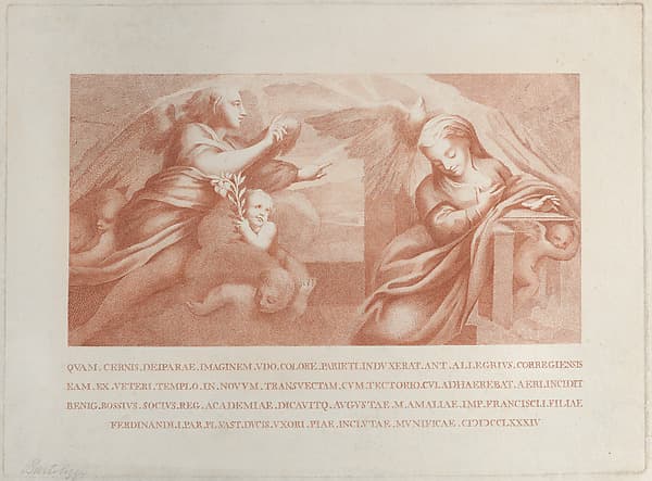 The Annunciation, with Gabriel at left and the Virgin at right, by Benigno Bossi
