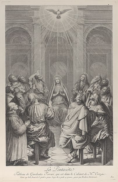 The Pentecost, with the Apostles and the Virgin sitting in a circle, the Holy Spirit appearing above them, and a donor kneeling at left, by Frédéric Horthemels