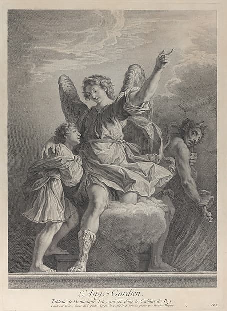 The Guardian Angel, stepping off a cloud and putting his arm around a young boy at left while a demon walks away at right, by Nicolas Gabriel Dupuis