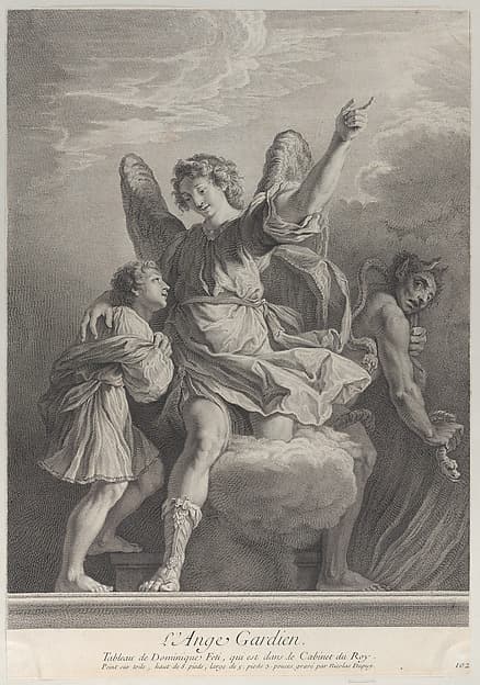 The Guardian Angel, stepping off a cloud and putting his arm around a young boy at left while a demon walks away at right, by Nicolas Gabriel Dupuis
