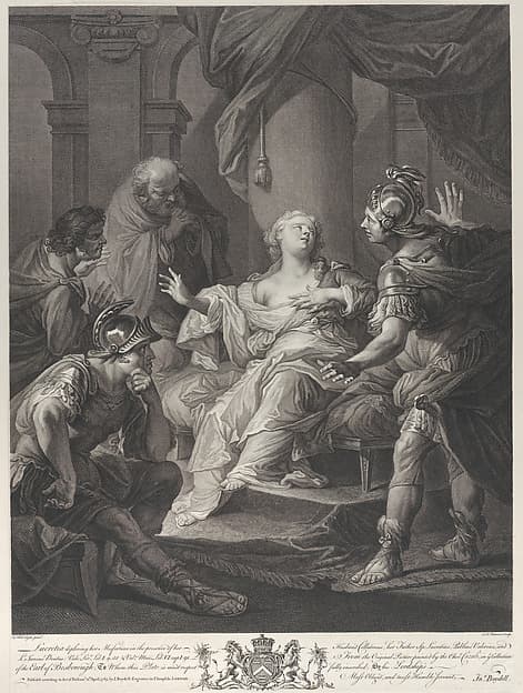 Lucretia deploring her misfortune to her husband Collatinus, her father, Publius Valerius, and Junius Brutus, by Simon Francis Ravenet, the elder