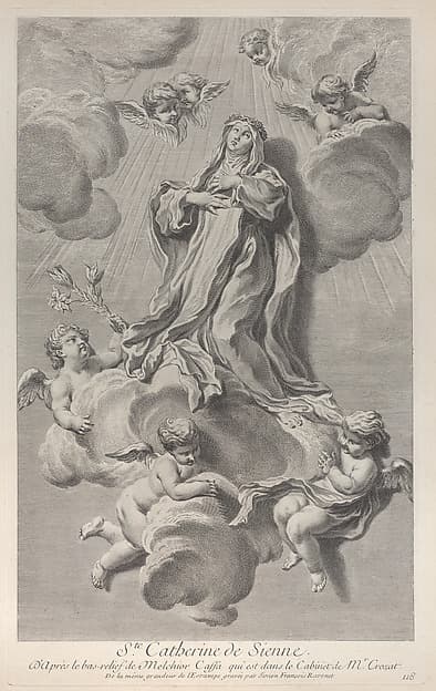 The Ecstasy of Saint Catherine of Siena, kneeling on a cloud carried by angels, one of whom holds a lily, by Simon Francis Ravenet, the elder