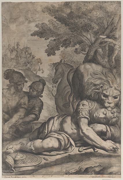 A lion atop a fallen horseman at right, with two other soldiers at left, by Giovanni Battista Bonacina